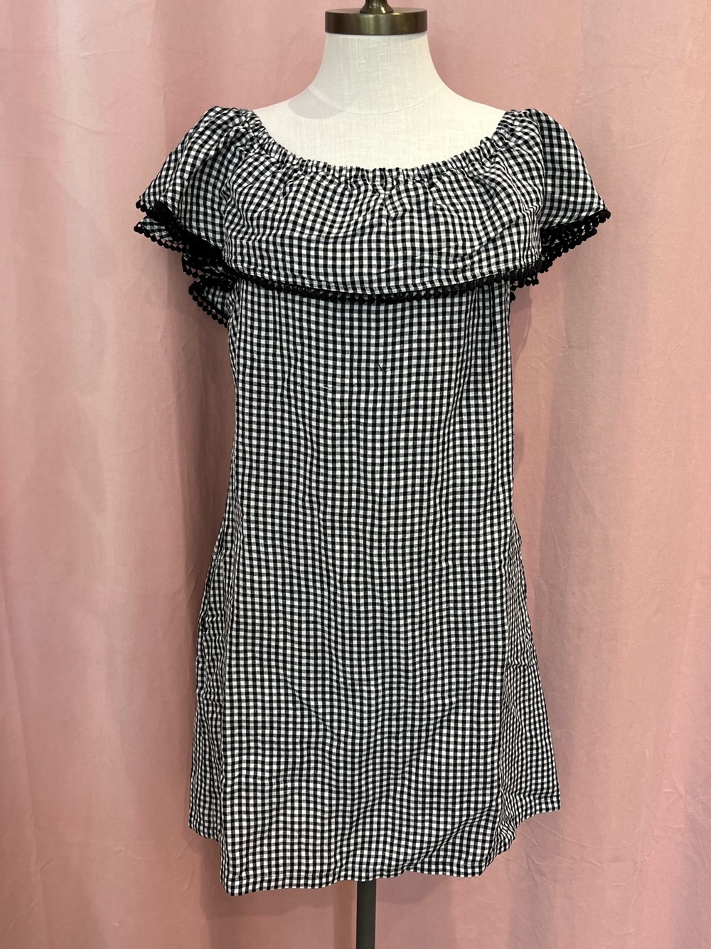 Tommy Bahama Gingham OTS Dress Black White Linen Blend NWT Size L — Minor Flaw